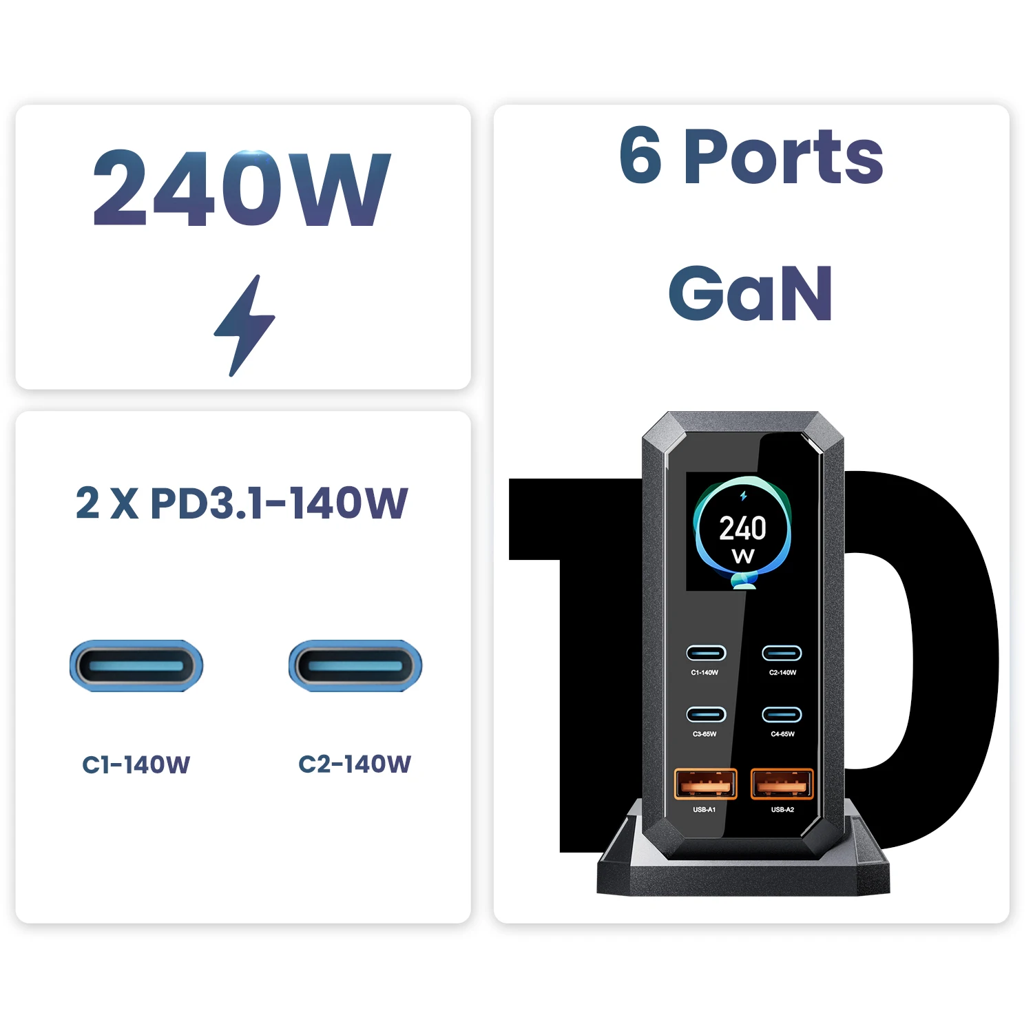ASOMETECH 240W GaN محطة شحن سريعة 6 في 1 140W PD3.1 USB نوع C PD QC3.0 PPS شاحن سطح المكتب لماك بوك آيفون 16 سامسونج
