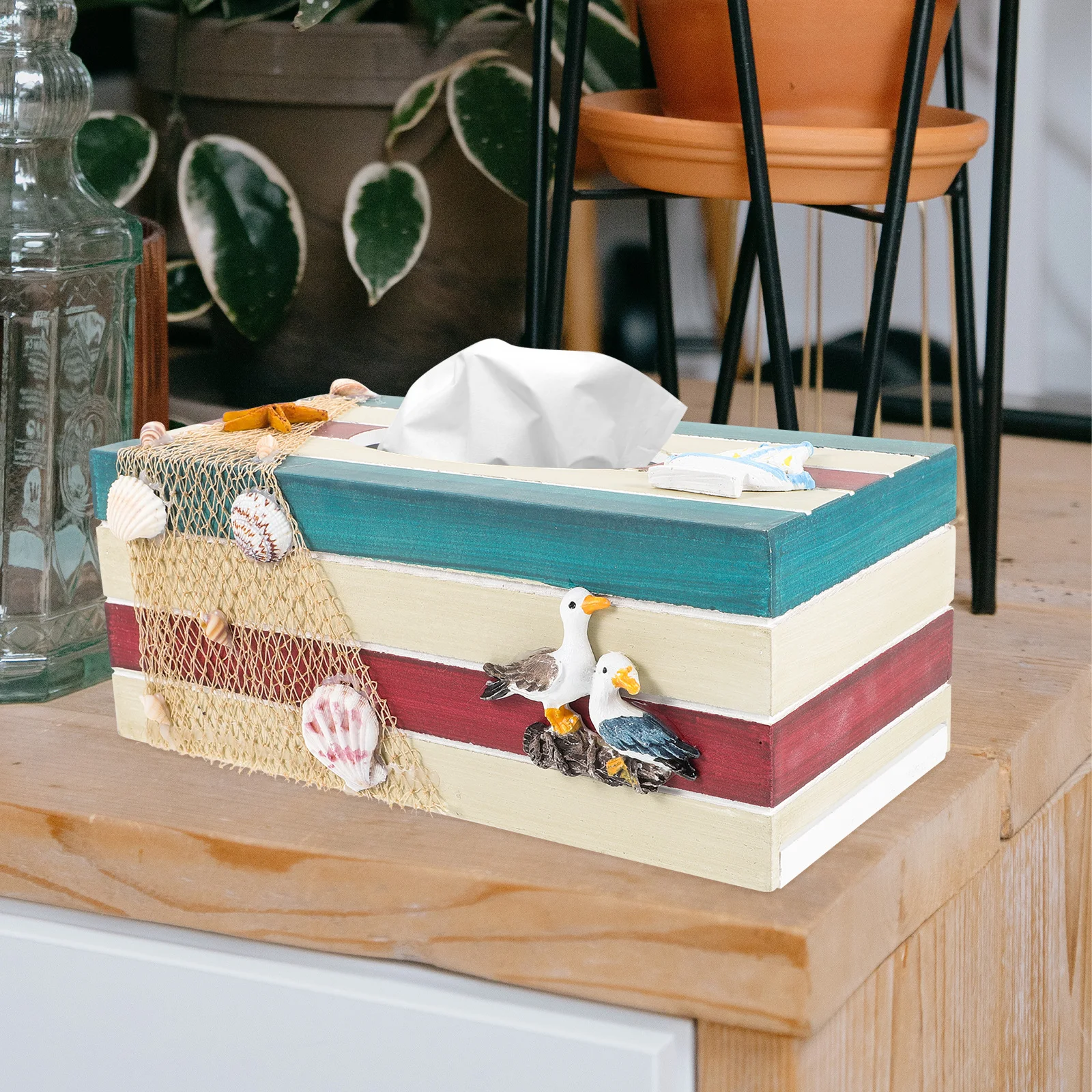 

Wooden Tissue Box Holder Mediterranean Decor Red Green Vintage Rectangular Large Capacity Storage Home Desktop ganizer