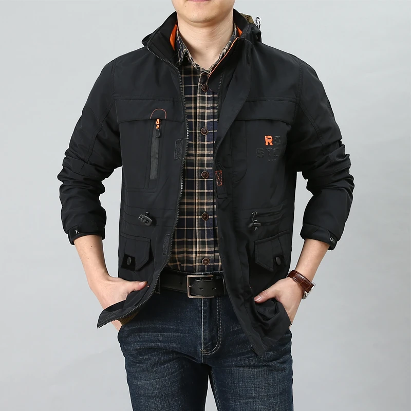 

Men's Casual Loose Fit Outdoor Jaet Spring Autumn Multi-ket Detachable Hood Qui Dry Mid-Length Faion Urban Sle