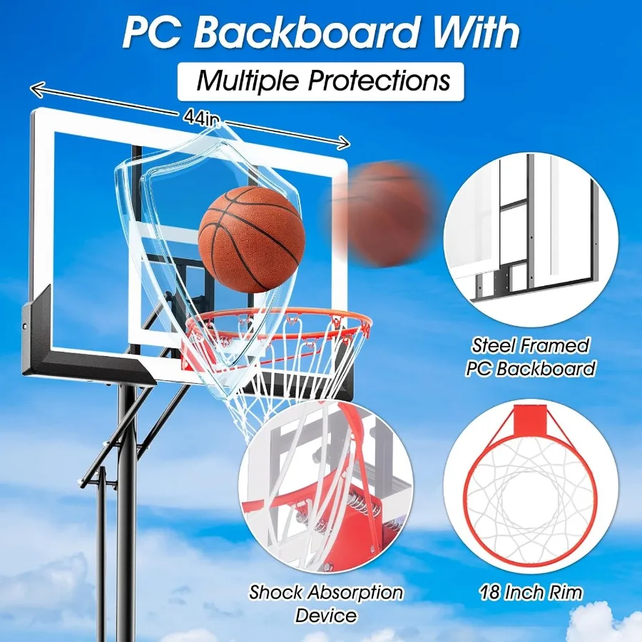 Outdoor 44 Inch Shatterproof Backboard Basketball Hoop with 4.8-10ft Height Adjustable Portable Goal System Ideal for Backyard