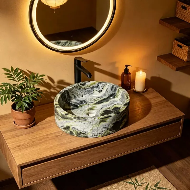 

Italian minimalist natural marble round washbasin countertop bathroom toilet room, washroom, sink, grooming station, custom-mad