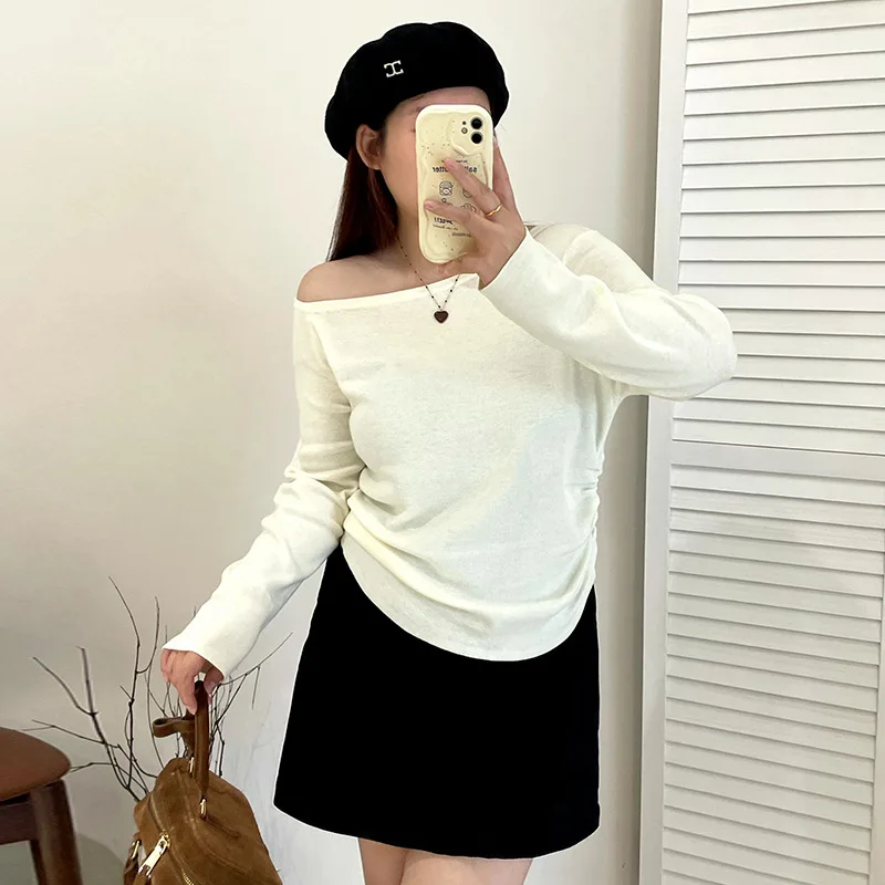 

Large Size Women's Clothing Design Off-the-shoulder Top Casual Temperament Bottoming Shirt 2025 Autumn Fat Mm Knitted Sweater