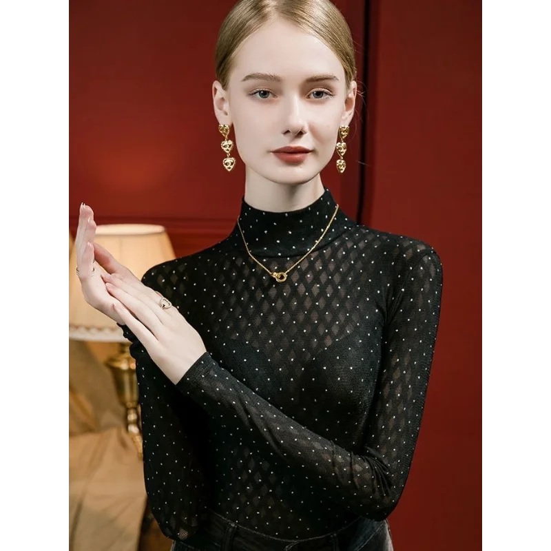 

Mesh Skin-friendly Glue Imitation Diamond Fashion New Style Spliced half Turtleneck Slim Fit Bottoming Long-sleeved Top