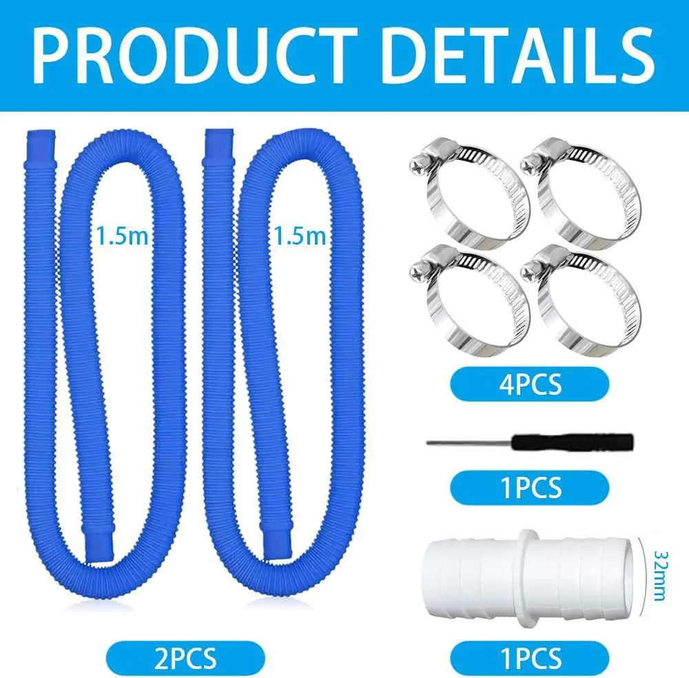 2Pcs 1.5M Pool Hoses For Above Ground Pools Replacement For 300/330/530/1000 Gallon Pool Filter Pump Hoses With Metal Clamps