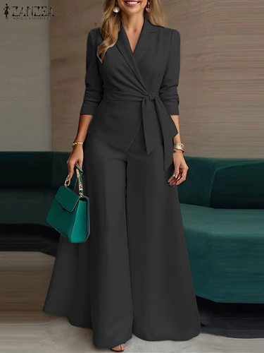Imagen 2 del producto ZANZEA-Conjunto de pantalón elegante de 2 piezas, chaqueta ligera con cinturón de manga larga y pantalón de pierna ancha, trajes de 2 uds., conjuntos de desplazamientos para mujer de oficina