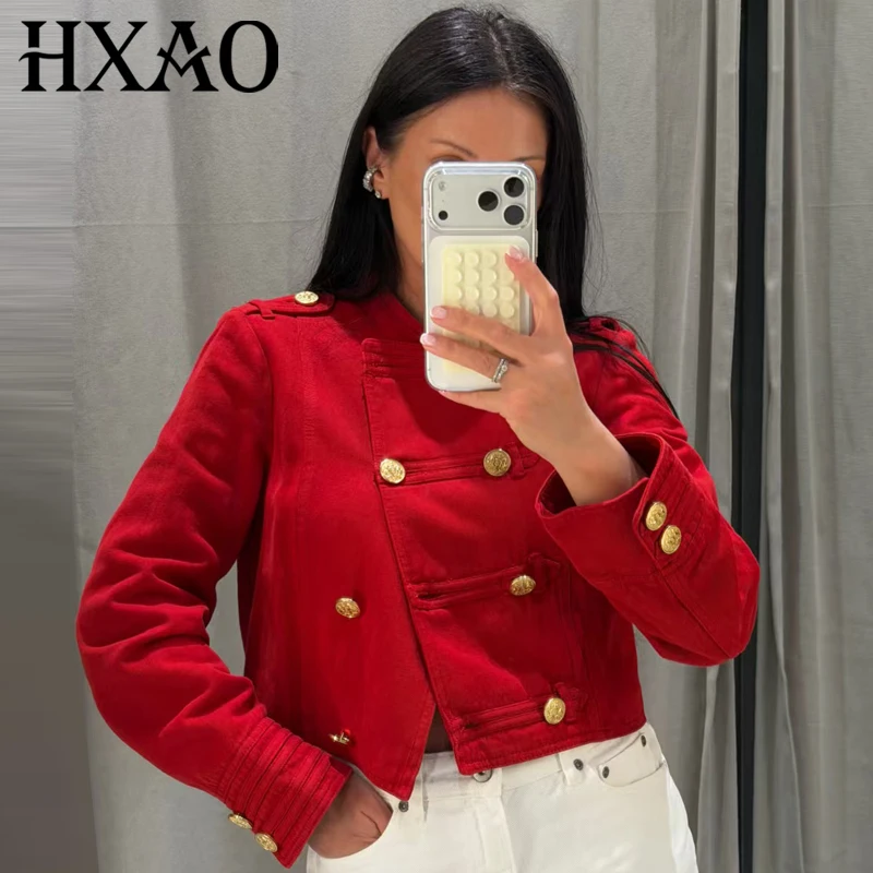 HXAO Rote Cropped-Jacke für Damen, Demi-Season 2026, elegante O-Ausschnitt-Jacke mit Doppelreihenknöpfen und langen Ärmeln, schicke Militär-Oberbekleidung