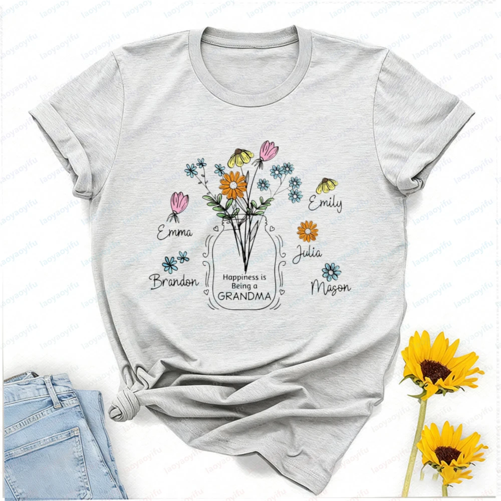 Camiseta de Algodón Personalizada con Diseño Floral para Abuela o Nana, con Nombre de Nuevos Hermanos, Regalo para el Día de la Madre, Camiseta Personalizada para Abuela