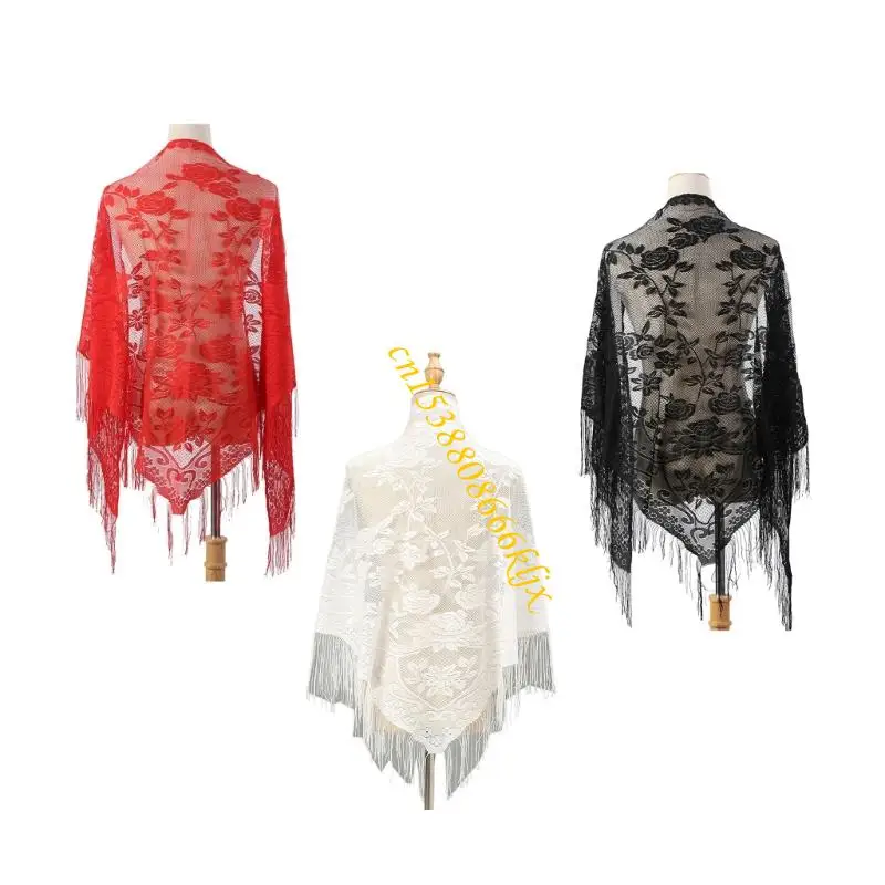 

Stylish Lace Shawl with Tassels Seethrough Shoulder Wrap for Evening Party Wear 066C
