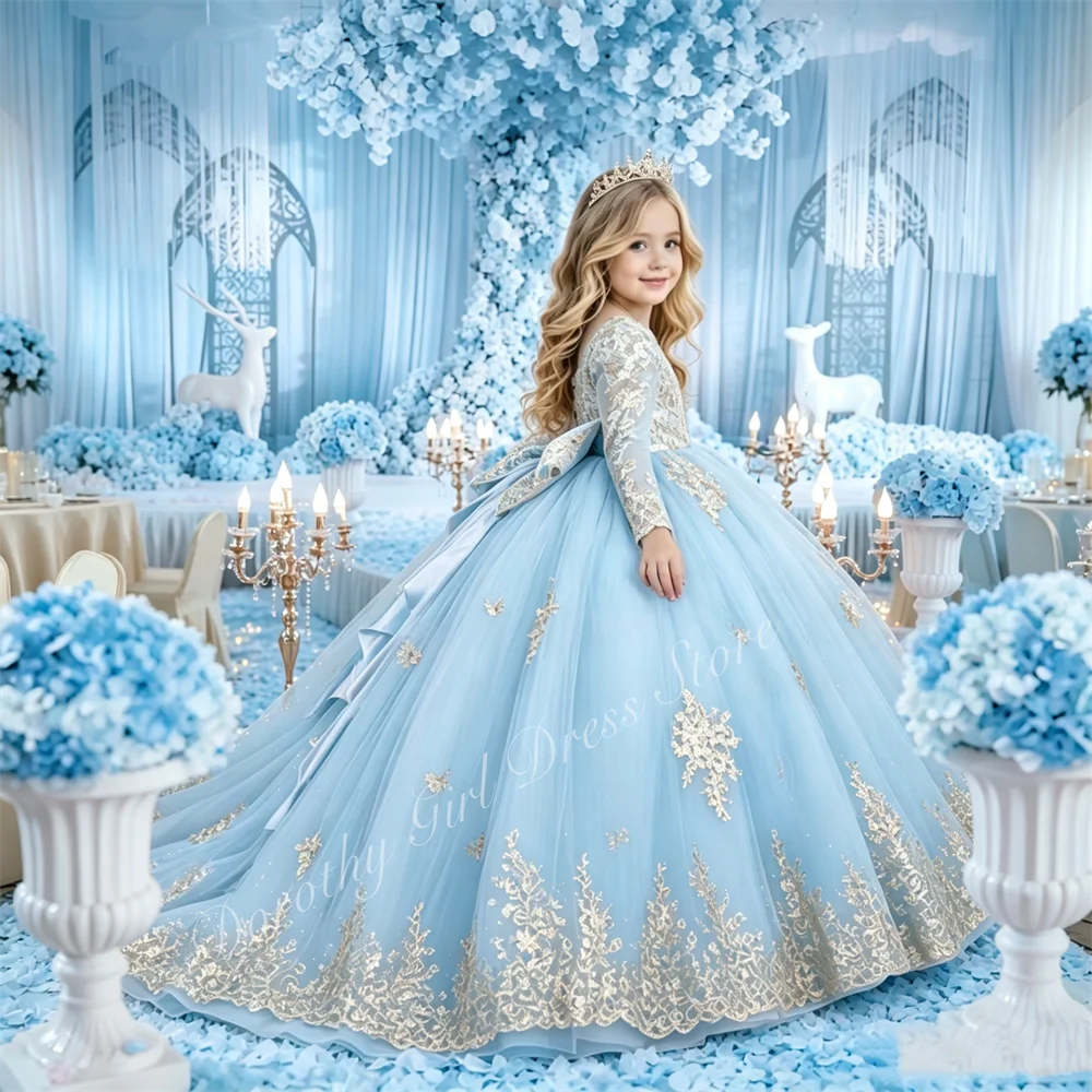 Tulle Gold Floral Appliques Princess Fluffy Light Blue Flower Girl Dress with Bow for Wedding Birthday Party Prom Banquet Gown