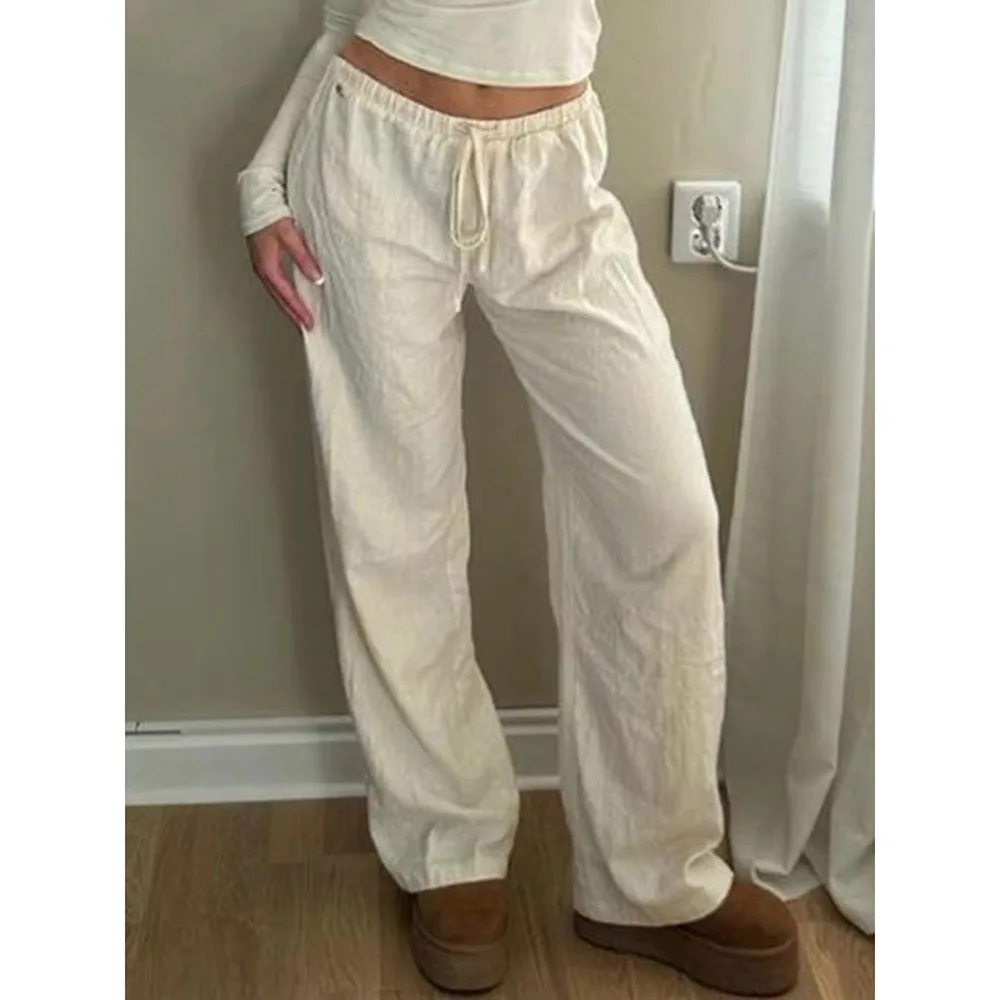 

Simple Style Solid Color Pants Women Fashion Casual Elastic Waist Leace-up Loose Straight Trousers Female Commuting Clothing