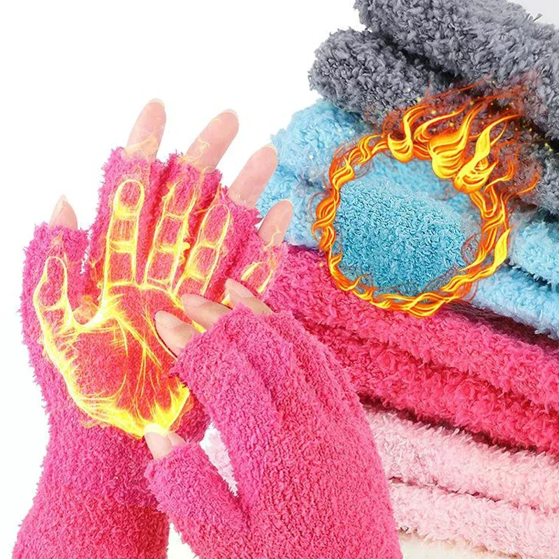 

Осенне-зимние плюшевые перчатки с полупальцами, утолщенные теплые вязаные перчатки из кораллового флиса