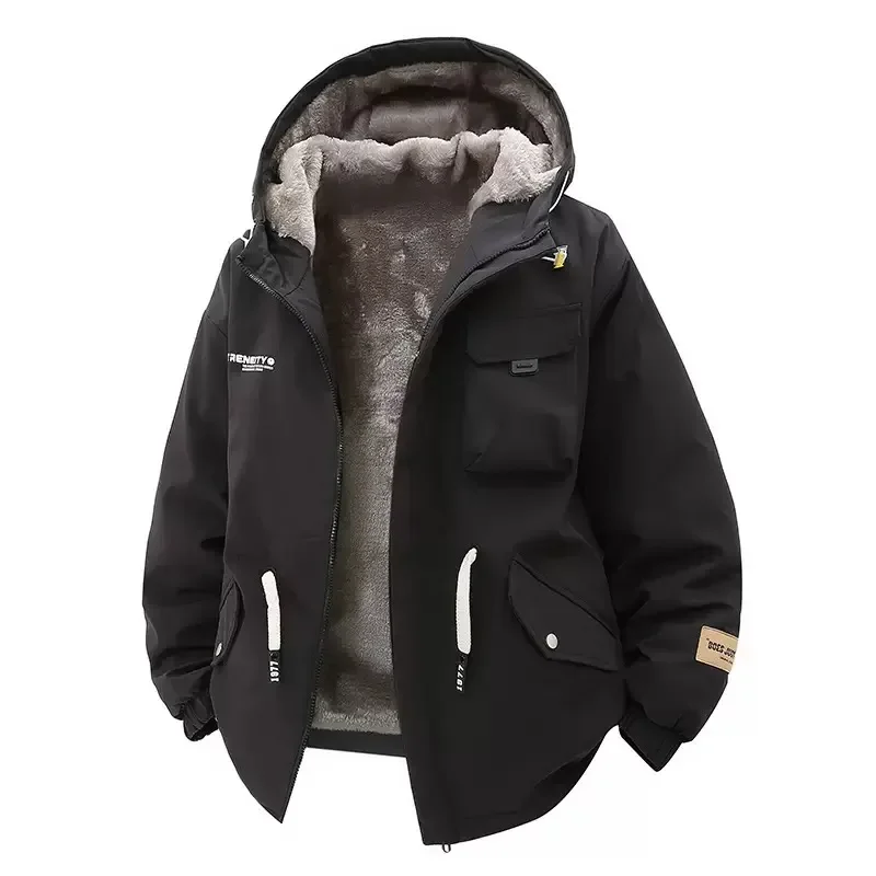 Plush Thick Warm Hooded Jacket for Men Autumn Winter New Fashionable Fleece Lined Parkas Man Casual Loose Sport Windproof  Coats