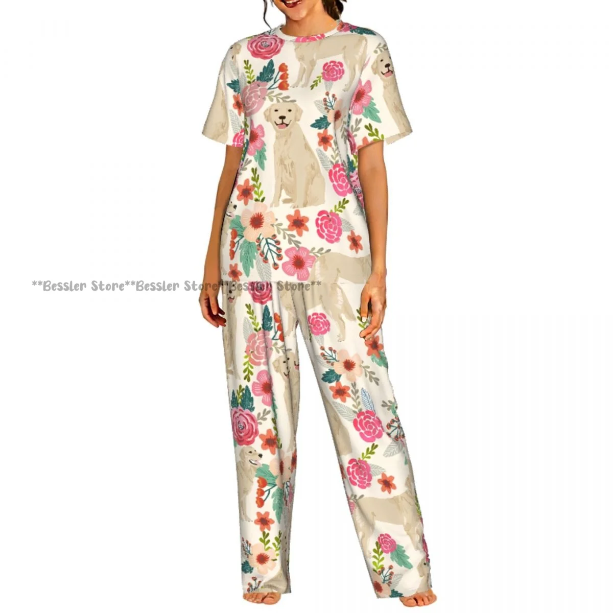 

Women's Pajamas Set Labrador Dog Floral Short Sleeve Sleepwear 2 Piece Homewear Loungewear