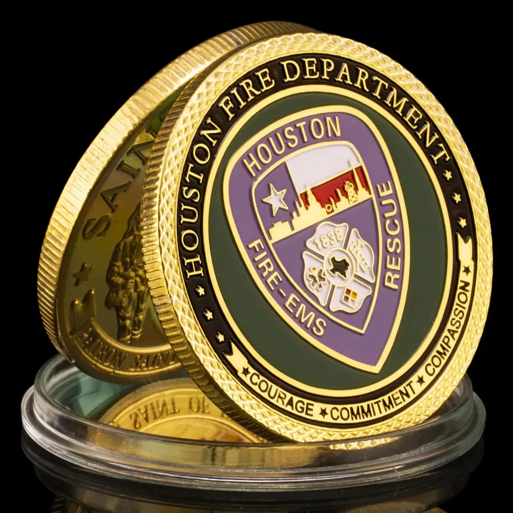 United States Houston Fire Department Collectible Golad Plated Souvenir Coin Collection Art Saint Florian Commemorative Coin