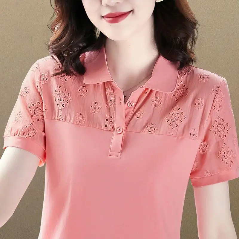 Women Summer Summer Slim Hollow Out Cotton Turn-down Collar Short Sleeve T-Shirt Women Clothes Casual All-match Appear Thin Tops