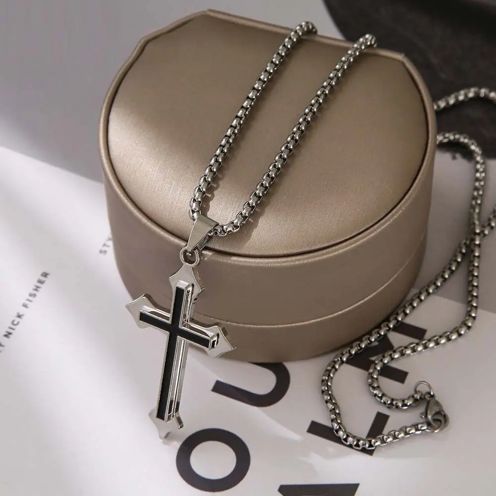 Gothic Fashion Street Style Silver Color Minimalism Black Clavicle Chains Cross Pendants Cross Necklaces Men Necklaces