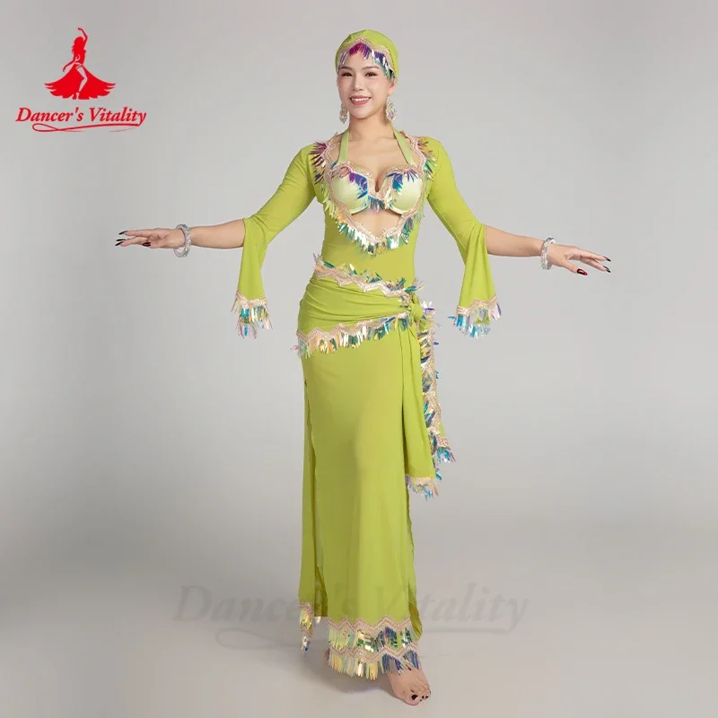 

Belly Dancing Set for Women Custom Senior AB Stones Tassel Bra+Sequined Chiffon Long Skirt 2pcs Belly Dance Performance Costume