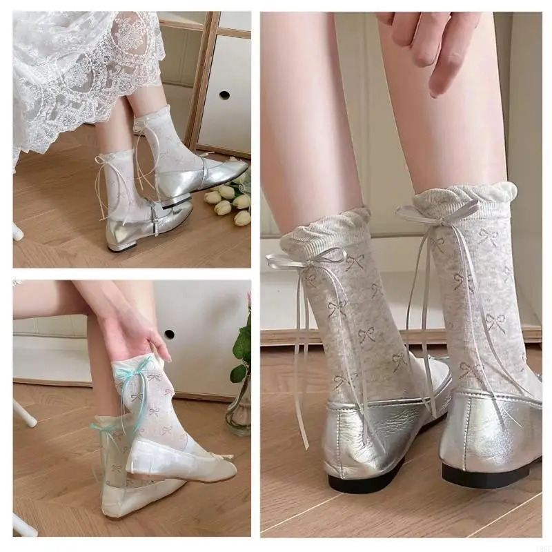 195E Phụ Nữ Nhật Bản Preppy Girl Xù Frilly Cotton Vớ Mắt Cá Chân Ngọt Ruy Băng Nơ Lưng Thoáng Khí Mỏng Short Ống Tất