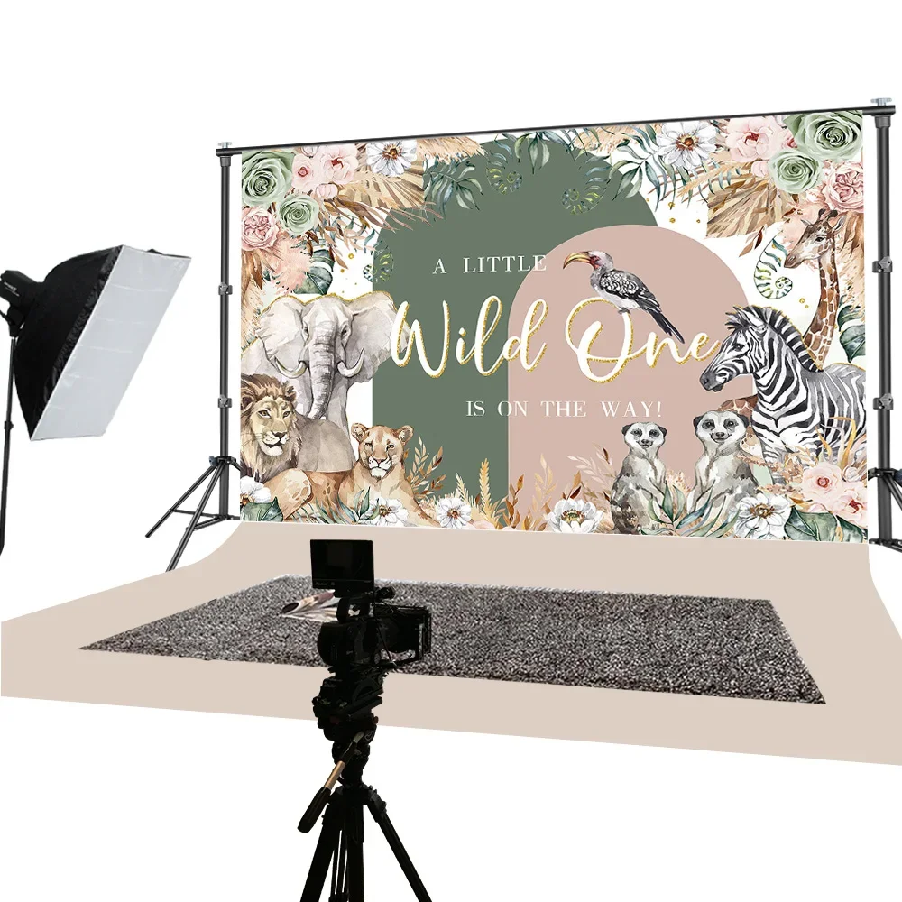 Mocsicka Birthday Party Photography Background A Little Wild One Is On The Way Floral Animal Backdrop Boy Girl Cake Smash Banner