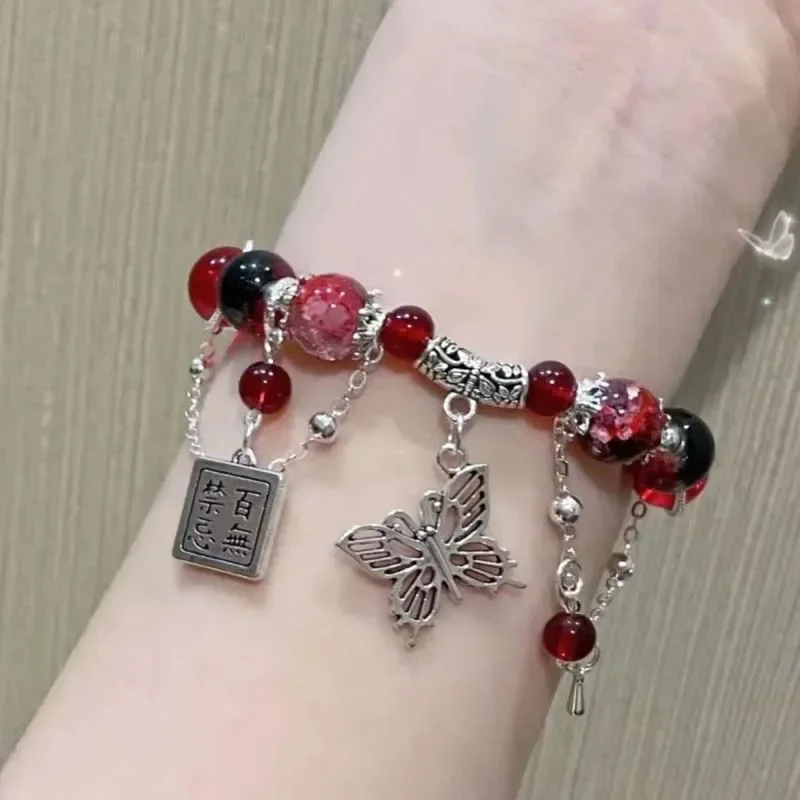 Fashion Vintage Red Beaded Chain Bracelet for Women Butterfly Pendant Charm Bracelets Anime Tian Guan Ci Fu Jewelry Accessories