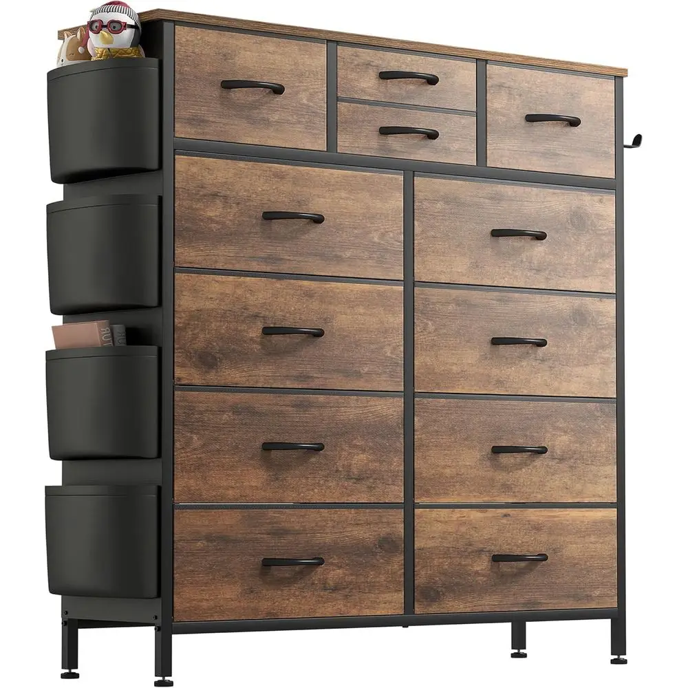 12-Drawer Bedroom Storage Unit with Tall Chest, Side Cabinets, Hooks, Fabric Tower, Rustic Brown Finish, 39x11.8x44.5