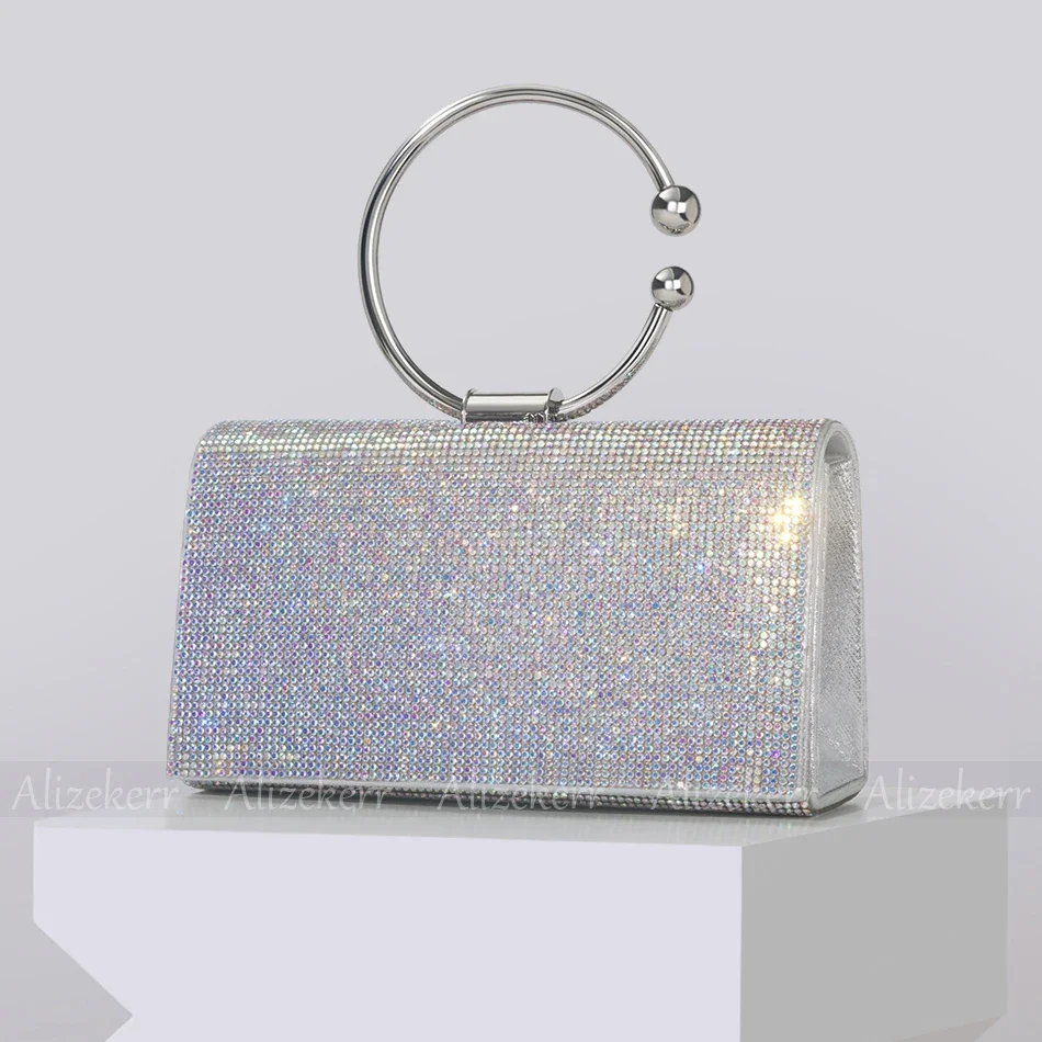 Metal Round Handle Rhinestone Evening Bag Women Luxury Designer Bling Crystal Leopard Pattern Clutch Purses And Handbags Wedding