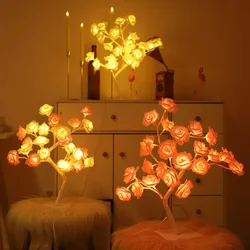 24 LED Red Rose Tree Lights USB Table Lamp Fairy Flower Night Light for Home Party Christmas Wedding Bedroom Decoration Gift