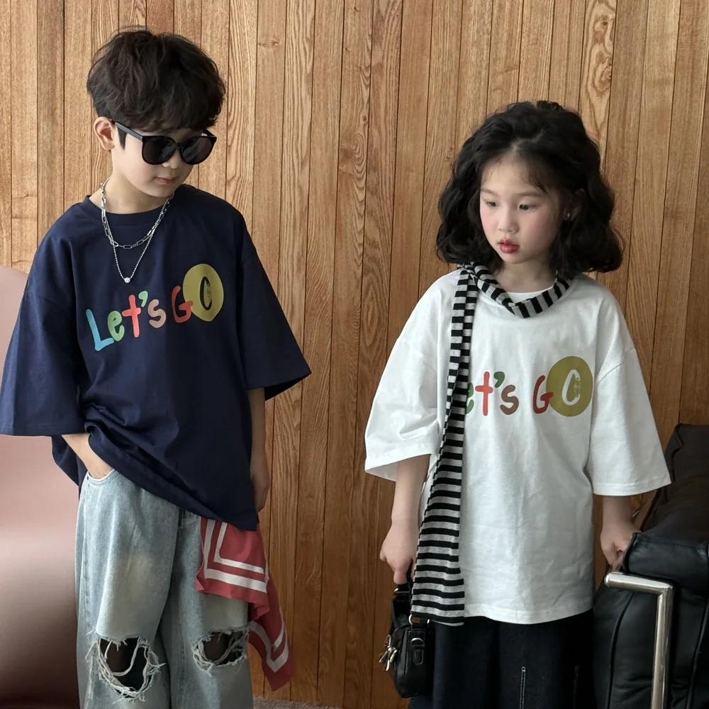 

Children Clothes Kids Casual T-shirt 2025 Spring Boys and Girls Korean Style Letter Printed Short-sleeved Round Neck Casual Top