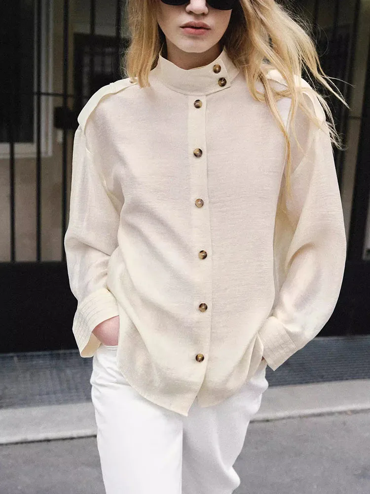 Spring New Arrival Women's Shirt Simple Long Sleeve Casual Drapey Stand Collar Blouse Ethnic Stage Costume for Young Women view 4
