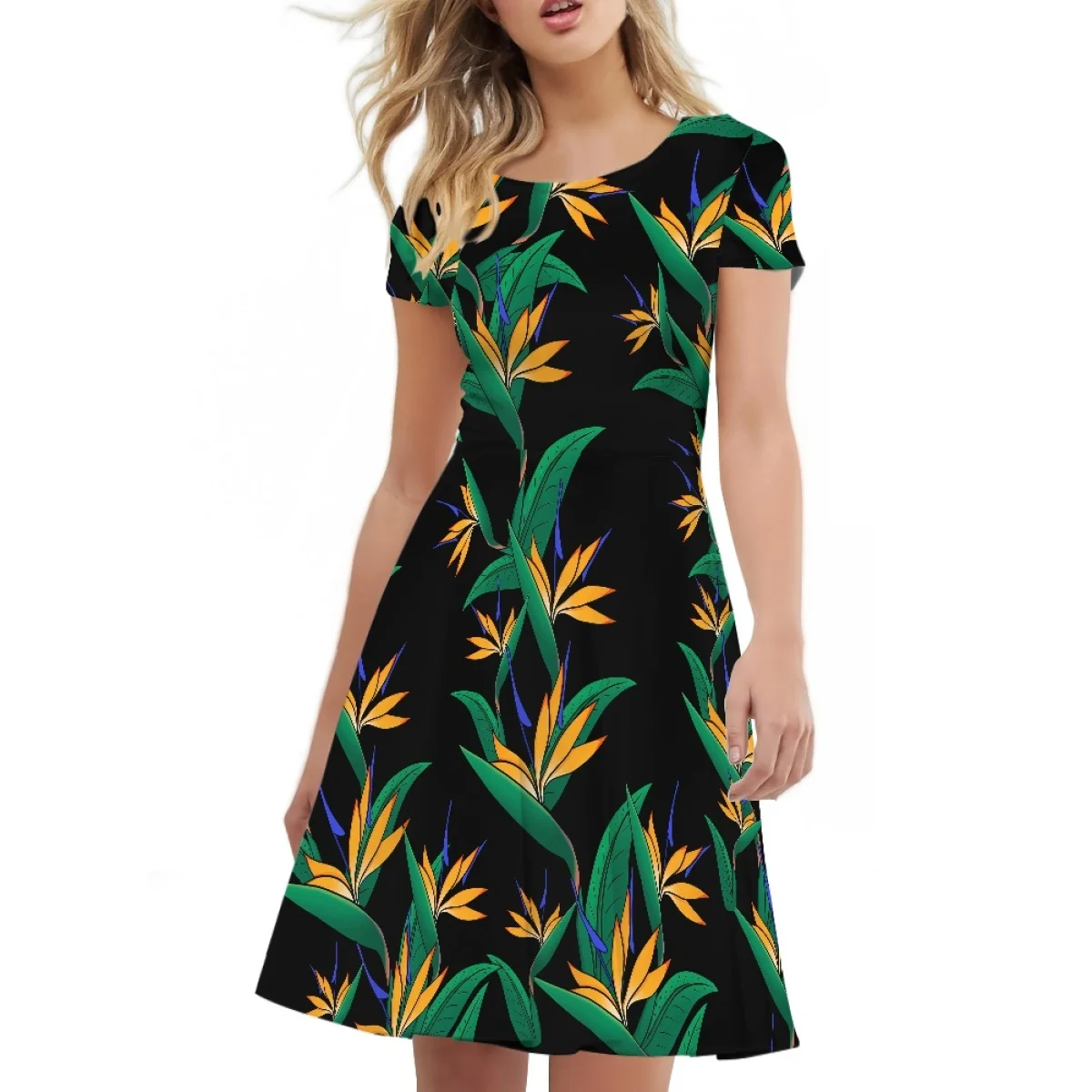 Women's Summer Casual Knee-Length Black Dress Polynesian Hawaiian Pacific Islands Bird Of Paradise Flowers Print O-Neck Clothing