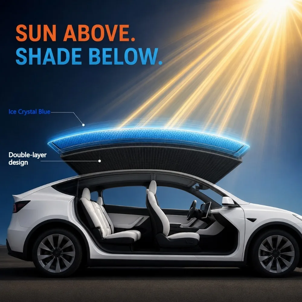 Ice Blue Roof Sunshade for Tesla Model 3 2017-2026 – Panoramic Glass Roof Sun Protection Cover, Interior Shade with Storage Bag