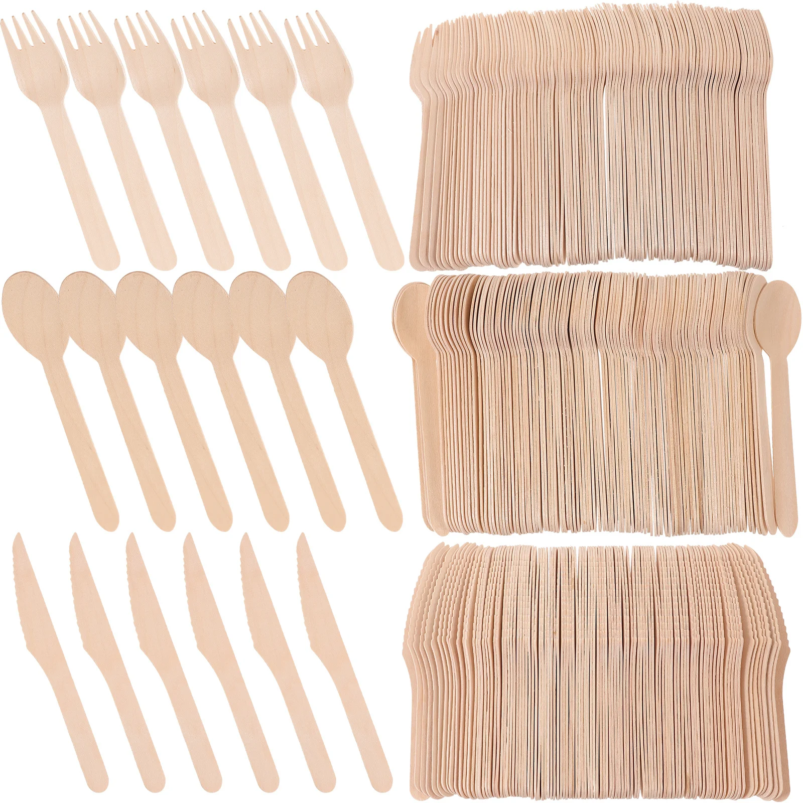 

300 шт., деревянные столовые приборы, одноразовый набор, деревянные вилки, ложки, ножи для ужина, барбекю, кемпинга, пикника, деревянные ногти