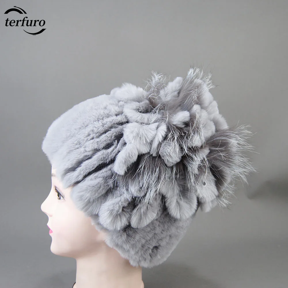 

Hot Sale Winter Top Flower 100% Real Fox Fur Hat And Rex Rabbit Caps For Women Snow Soft Striped Warm Headwear Knitted Beanies