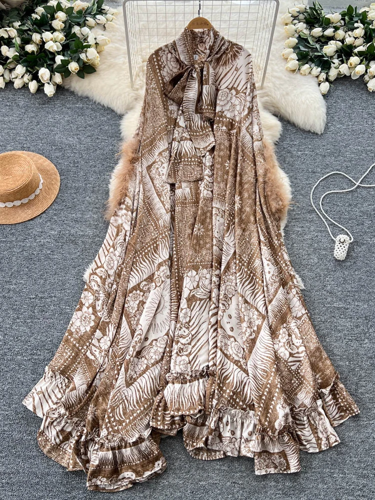 Faionable Large Print Dr Women's Lazy High-End Feeling  Knot Tie Fur Patchwork Cover up Print Long Dr