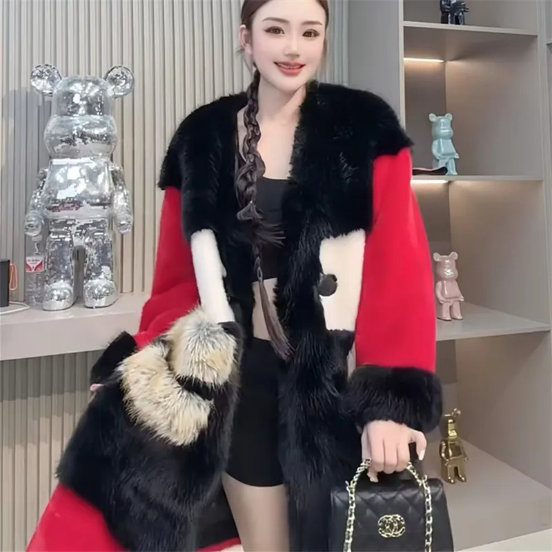 Faux Fur Coat for Women,Single Breasted Jacket,Spliced Clothes,England Style ,Autumn and Winter, 2024