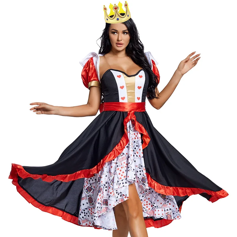 

Alice In Wonderland Adult Women Fantasy Queen of Hearts Cosplay Costumes Role Playing Dress Set Stage Crown Queen Dress