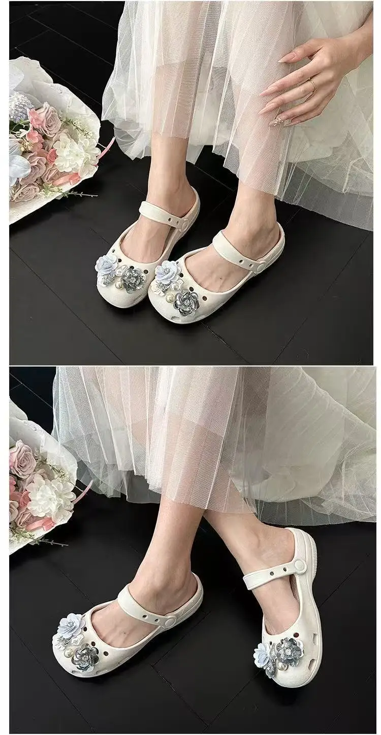 2026 Neue Sommer-Pantoffeln für Damen, Luxuriöse Perlen-Metall-Blumen-Designer-Ballettschuhe, Damensandalen für drinnen und draußen – Detail 11