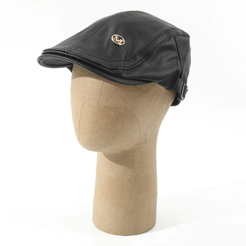 Autumn Winter Leather Newsboy Cap, Lychee Grain Beret Forward Peaked Hat British Style Painter Hat Retro Street Unisex Headwear