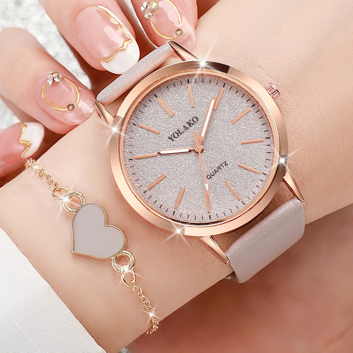 2PCS/Set Fashion Women Watches Casual Leather Strap Ladies Quartz Wristwatch Heart Bracelet Set Reloj Mujer (Without Box) - view 3