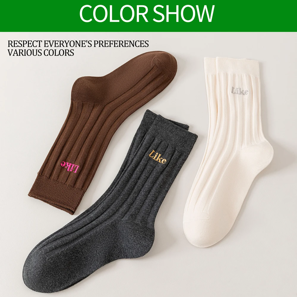 3 Pairs Women's Letter Embroidered Crew Socks Cotton Casual Athletic Socks Double Knit Soft Seamless Toe Anti Odor Stack Socks
