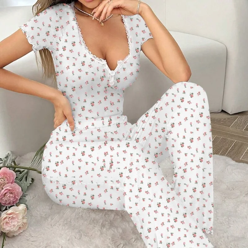 

New Women's Summer Sexy Short-Sleeved V-Neck Pyjamas Homewear Set Girls Small Floral Print Lettuce Rolled Trousers Homewear Set
