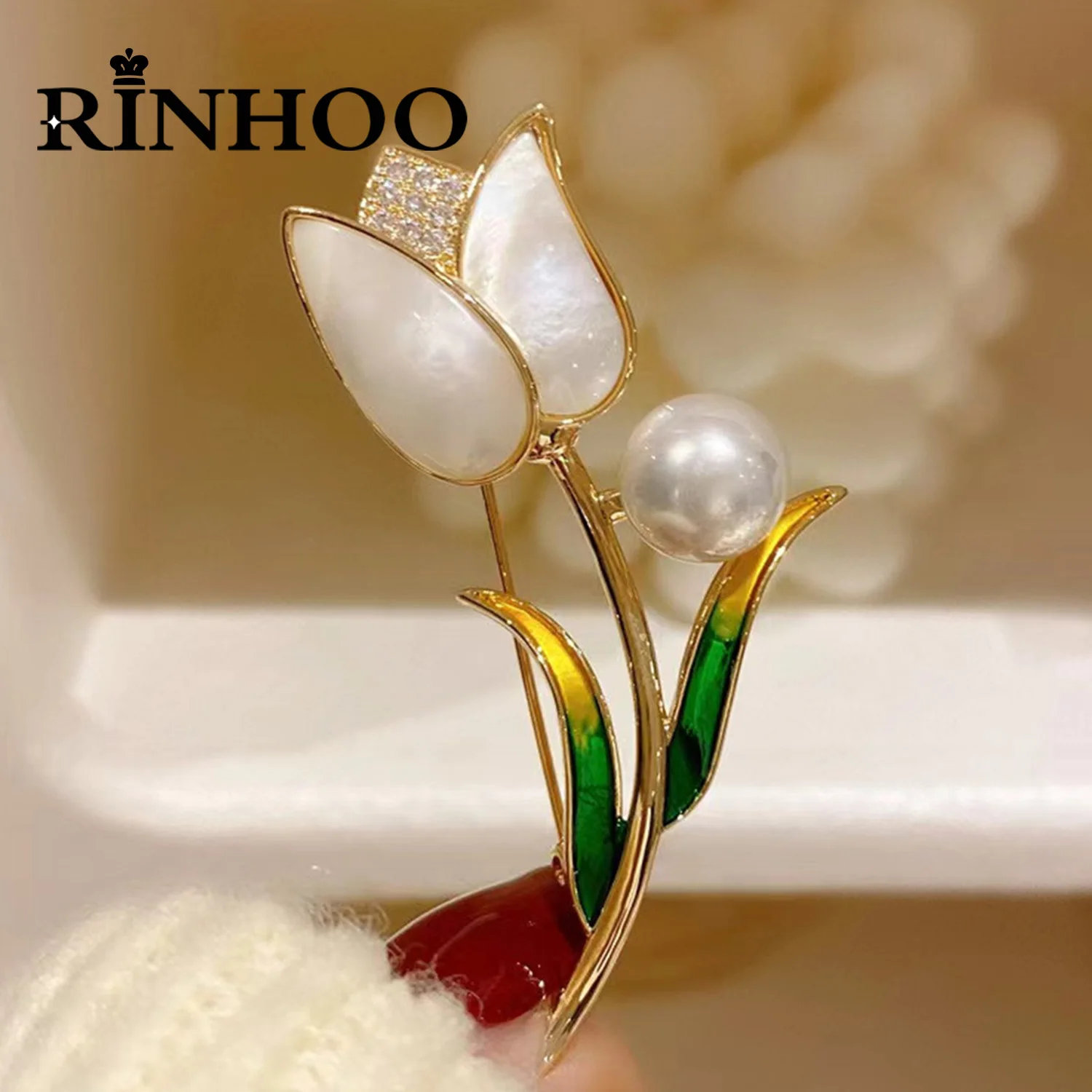 Rinhoo Imitation Pearl Shell Tulip Flower Brooches For Women Luxury Green Leaf Rhinestone Floral Lapel Pins Plant Badge Jewelry