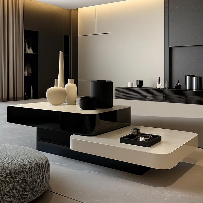 

Black and white living room home 2024 new high-end tea table modern minimalist irregular high and low tea table TV cabinet