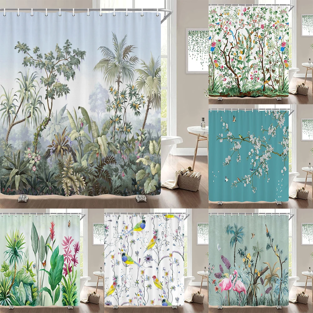 European Flowers, Birds, Plants Bath Curtains Waterproof Shower Curtain 3D Printing Bathroom Decoration With Hook Bath Screen