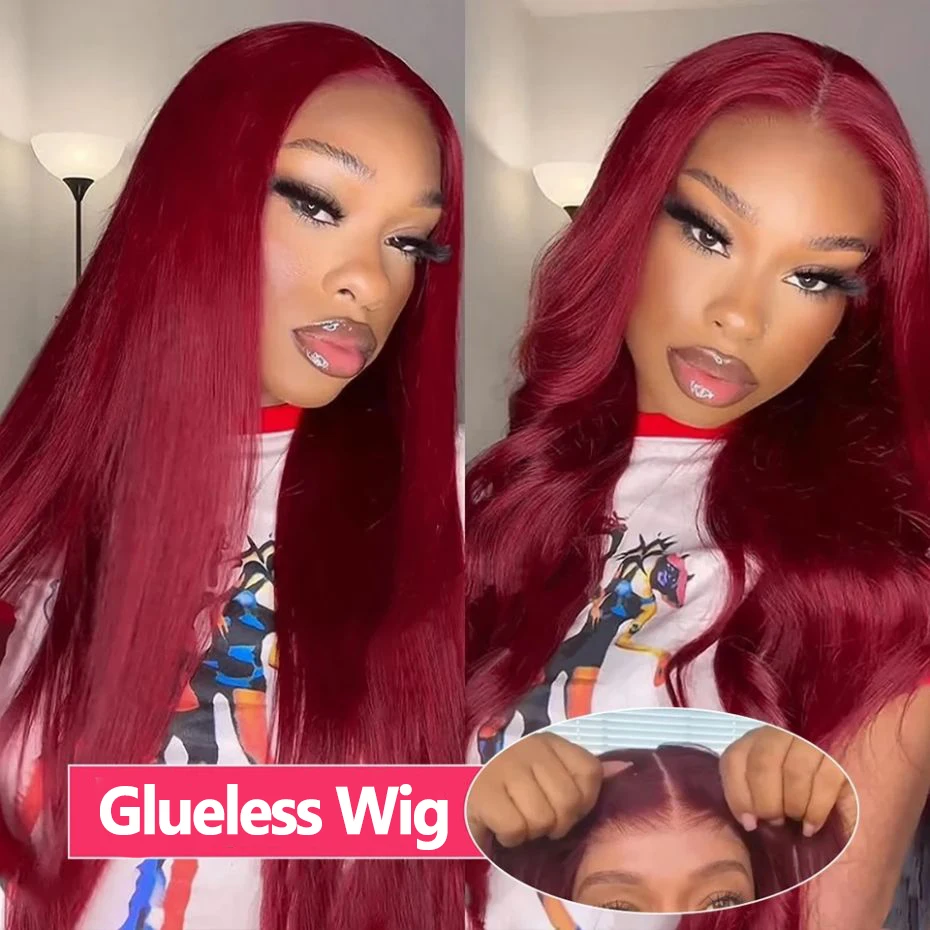 99J Red Glueless Human Hair Wigs Colored Straight Burgundy 13X6 Hd Transparent Lace Frontal Wigs for Women 5x5 Lace Closure Wig