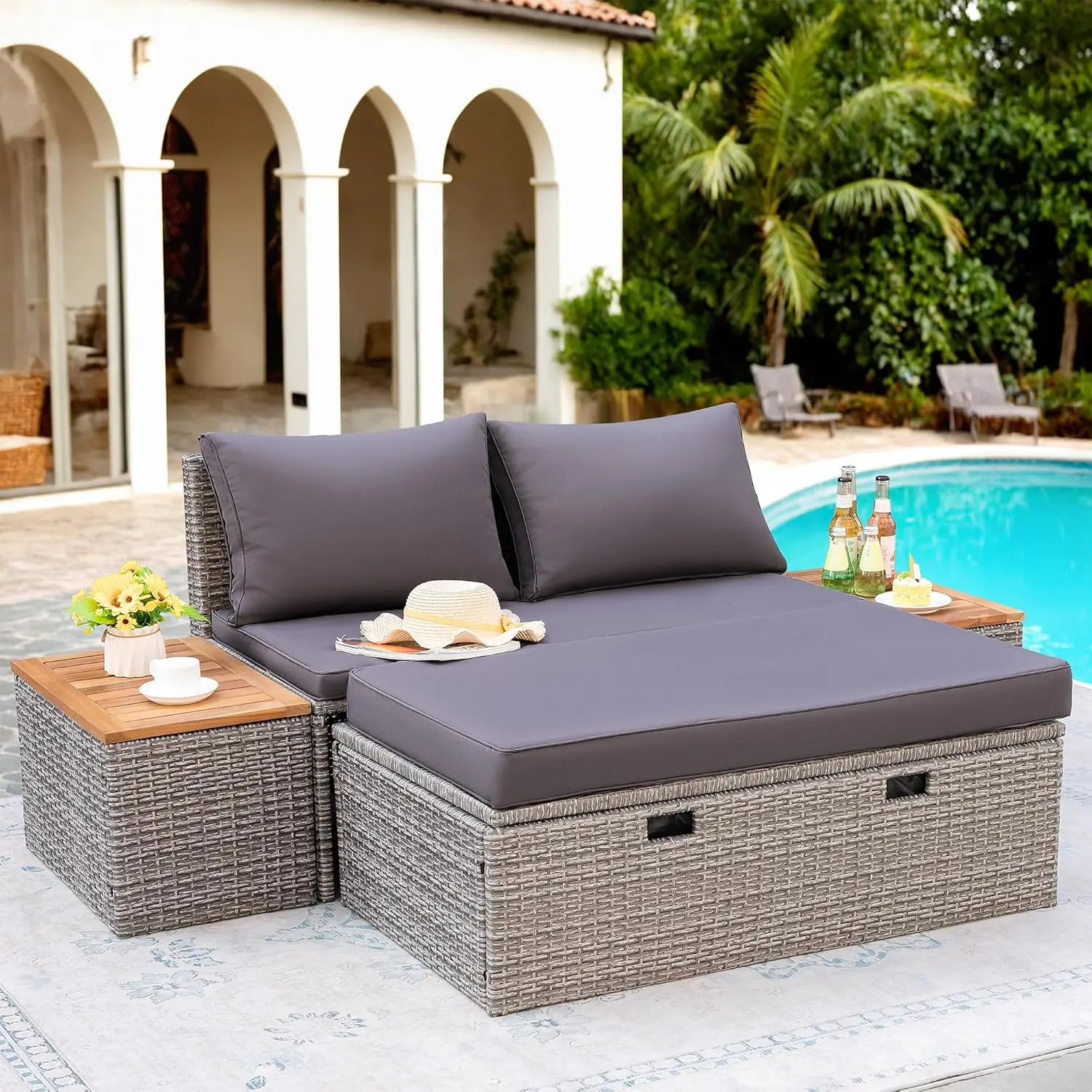 

Outdoor Rattan Lounge Chair with 2 Side Tables, Multifunctional Outdoor Patio Daybed with Footrest, Cushions, Storage Ottoman