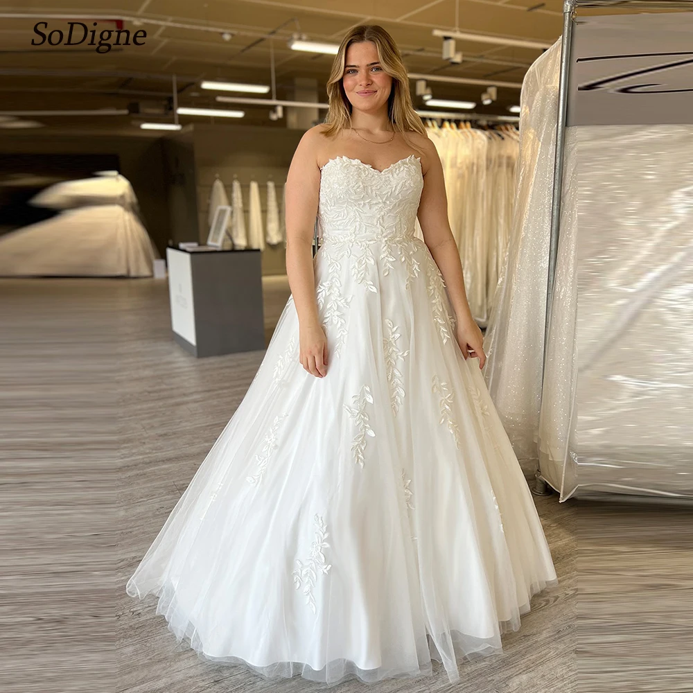 

SoDigne A-line Tulle Wedding Dresses Sweetheart Sleeveless Lace Appliques Bridal Dress for Women Long Wedding Gown Customized