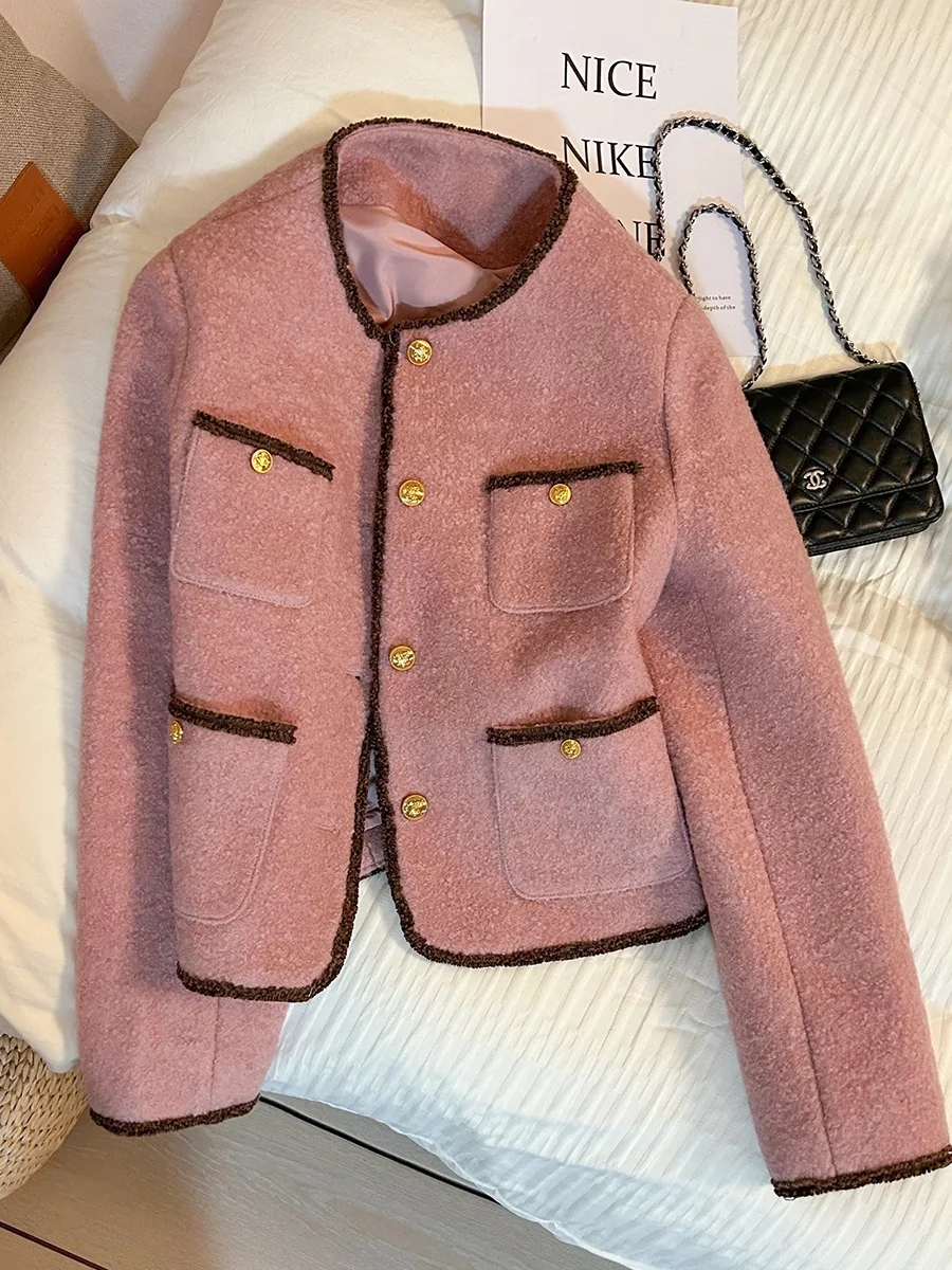 

Autumn and winter women's casual solid color round neck long sleeved pocket decorative jacket