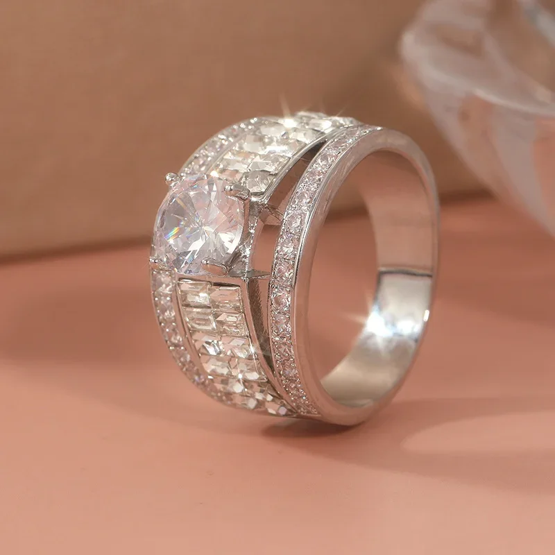 Glänzender Versprechensring für Damen, breites Band, vollbesetzt mit Kubikzirkonia, eleganter Verlobungs- und Ehering, luxuriöse Schmuckgeschenke
