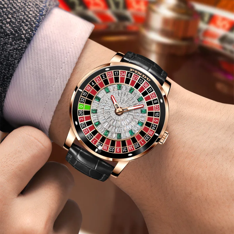 PINDU New Mechanical Watch Rotating Dial Las Vegas Roulette Desktop Theme Automatic Watch Men Diamond NH35 Movement Montre homme